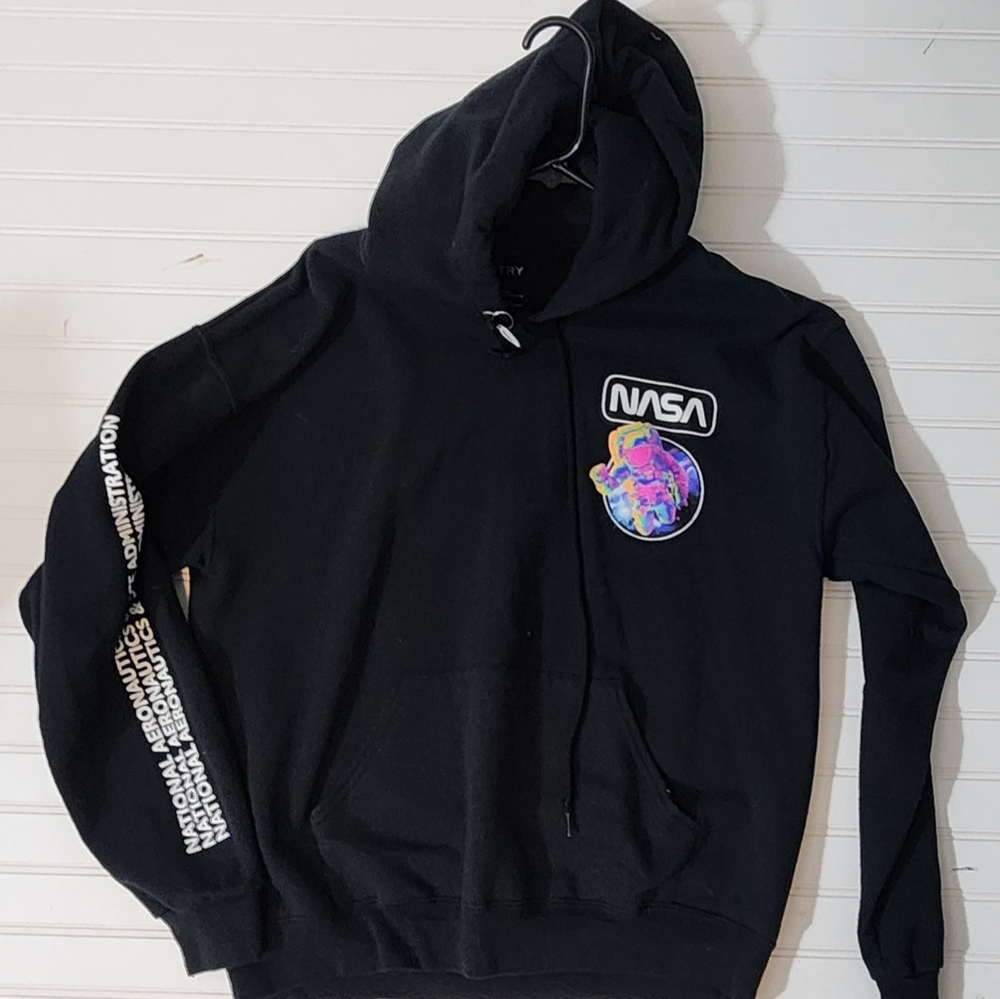 Black NASA Graphic Pullover Hoodie with Multicolor Planet Patch